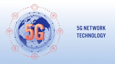 5G ağ kablosuz teknolojisi, yüksek hızlı internet konsepti. Küresel hat bağlantısı ve ilgili ikona 5G harfleri. İzometrik vektör illüstrasyonu.