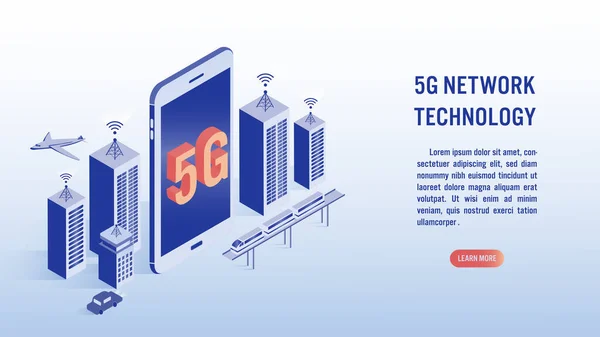5G网络无线技术 高速互联网的概念 智能城市或智能建筑 火车和大字5G屏幕手机 等量矢量图解 — 图库矢量图片