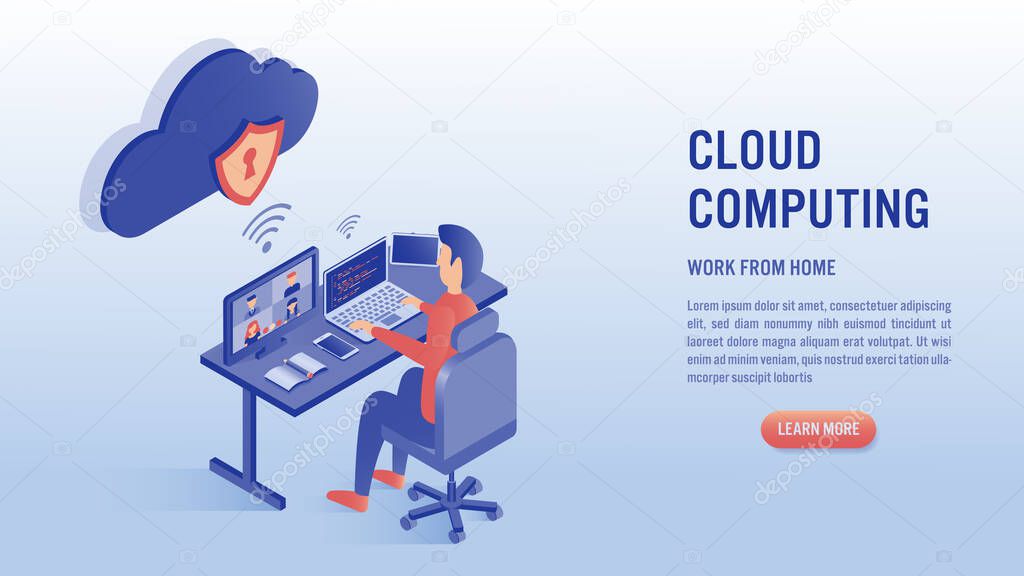 Man working on laptop with video conference concept. Work from home, coding, cloud computing and online meeting. Illustrations isometric flat vector design.
