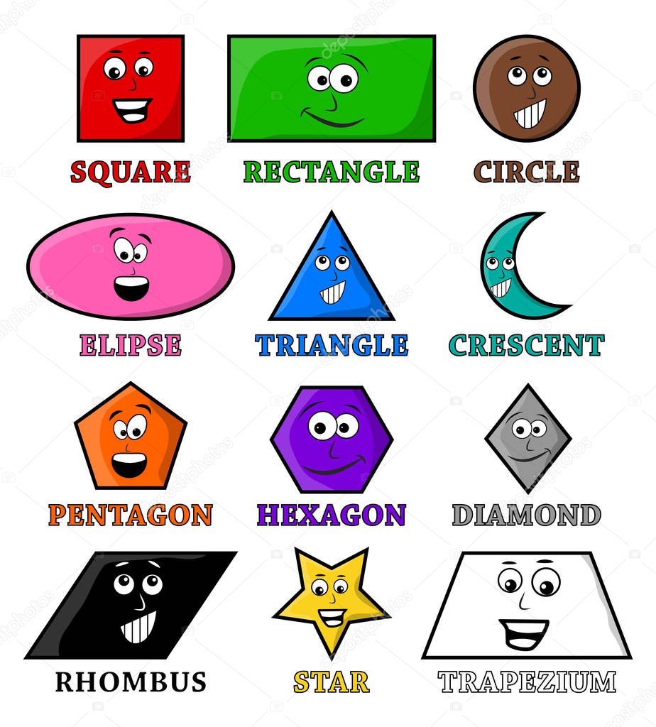 Cartoon geometric shapes with smile vector symbol icon design., circle, oval, triangle, hexagon, rectangle, star,heart,rhombus  Beautiful illustration isolated on white backgroun