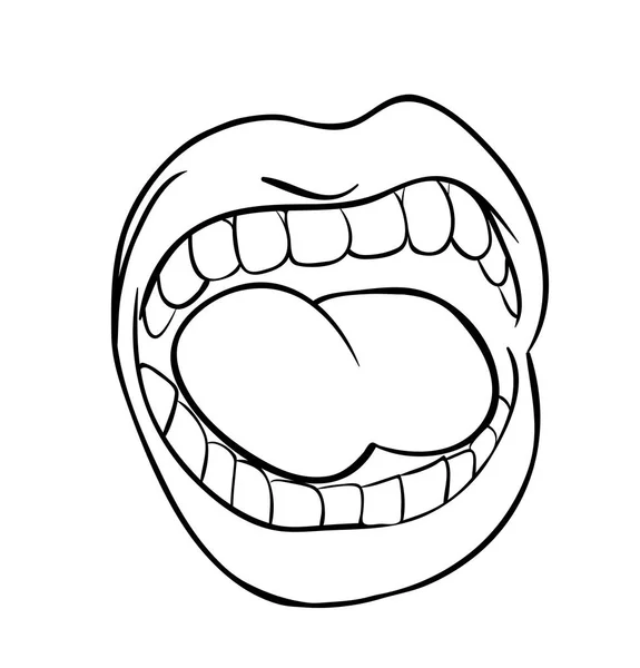 Schreiende Lippen mit Zähnen und Zunge Cartoon Umriss Vektor-Symbol — Stockvektor