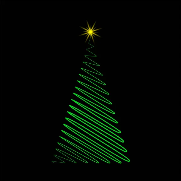 Albero di Natale scarabocchio verde con disegno a stella isolato su nero — Vettoriale Stock