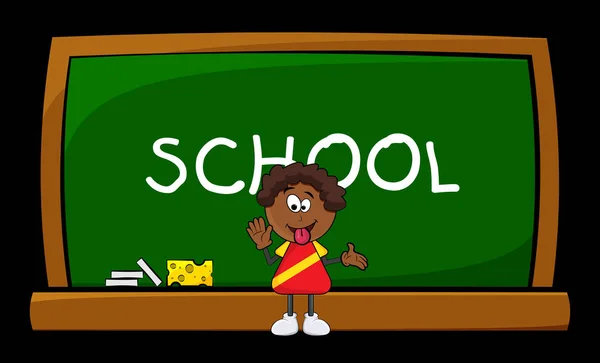 African black boy cartoon showing tongue and school blackboard — Stock Vector