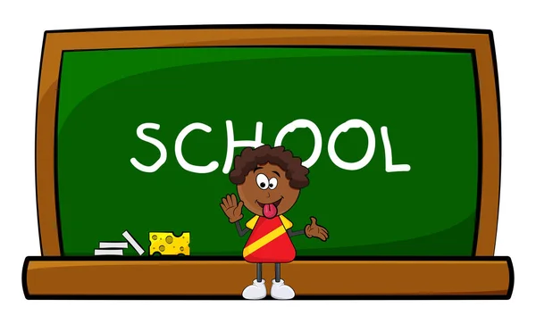 African black boy cartoon showing tongue and school blackboard — Stock Vector