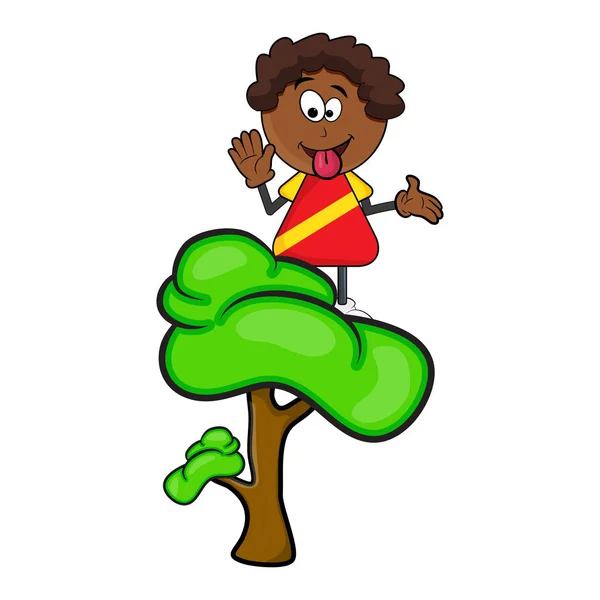 Africaine noir garçon dessin animé montrant la langue sur arbre isolé sur whi — Image vectorielle