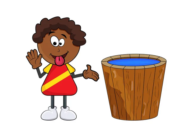 Africaine noir garçon dessin animé montrant la langue avec seau d'eau i — Image vectorielle