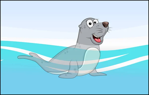 Foca de dibujos animados animal en fondo de agua de mar — Vector de stock