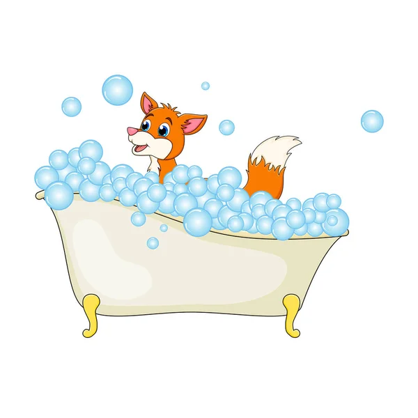 Dibujos animados zorro en bañera witth burbujas aisladas sobre fondo blanco — Archivo Imágenes Vectoriales