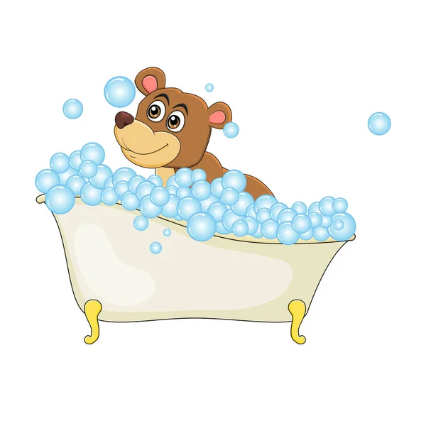 Dibujos animados oso en bañera witth burbujas aisladas sobre fondo blanco — Vector de stock