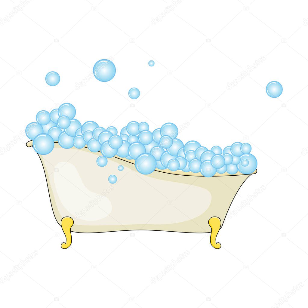 Cartoon bathtub with foam and bubble isolated on white backgroun