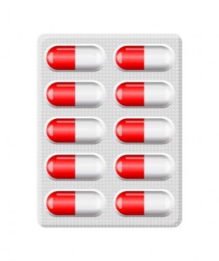 Beyaz arka plan üzerinde izole kırmızı kapsül pill Vakumlu Ambalaj