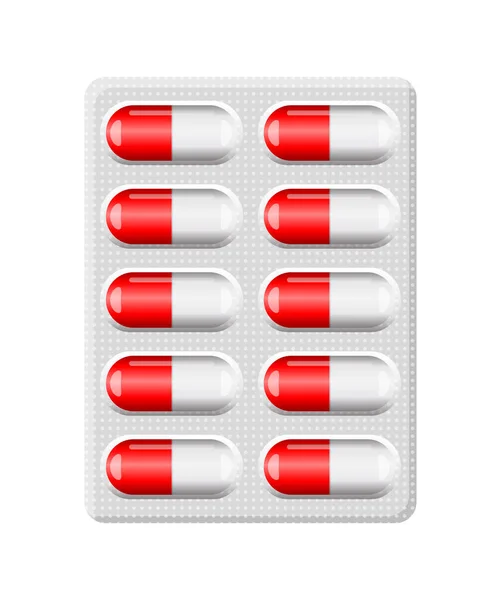 Röd kapsel piller blisterförpackning isolerad på vit bakgrund — Stock vektor