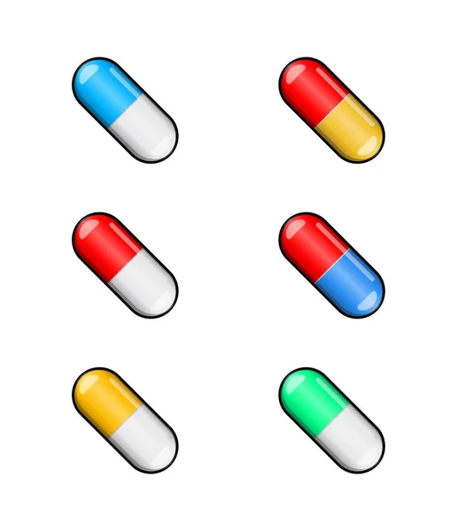 Cartoon cápsula pílula conjunto isolado no fundo branco —  Vetores de Stock