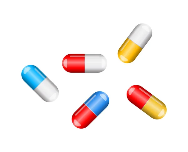 Cartoon cápsula pílula conjunto isolado no fundo branco — Vetor de Stock