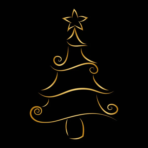 Christmas tree outline in golden color isolated on black backgro — Stock Vector