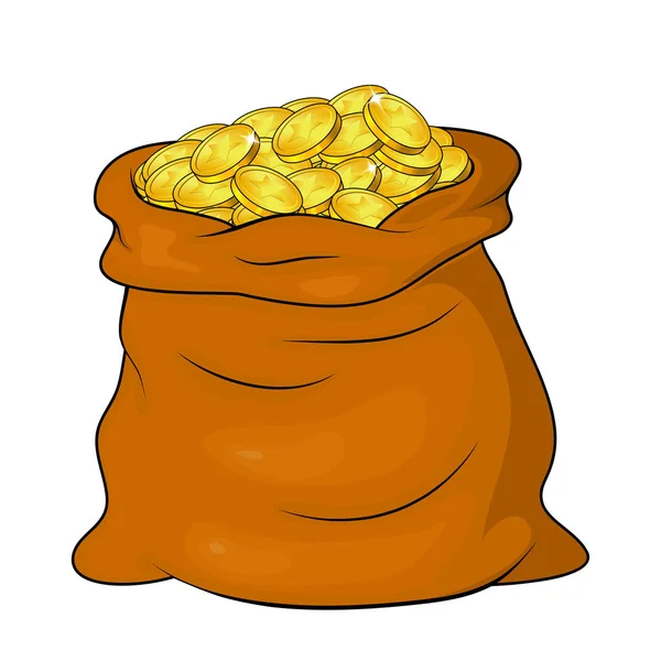 Money bag full of golden coins isolated on white background. Ope — Stock Vector