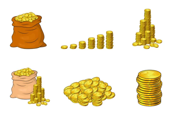 Coins isolated cartoon set, collection. Gold stack, heap, pile o — Stock Vector