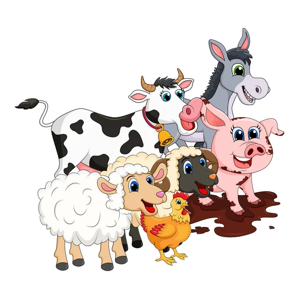 Grupo animal de granja. Vaca, cerdo, carnero, burro, oveja, diseño de la gallina isola — Vector de stock