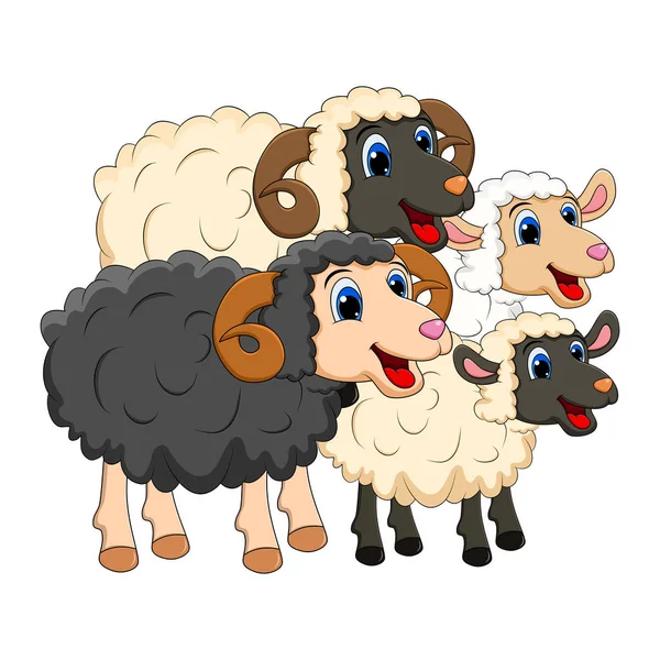 Familia del grupo de animales de granja. oveja blanca, cordero, carnero negro desig — Vector de stock
