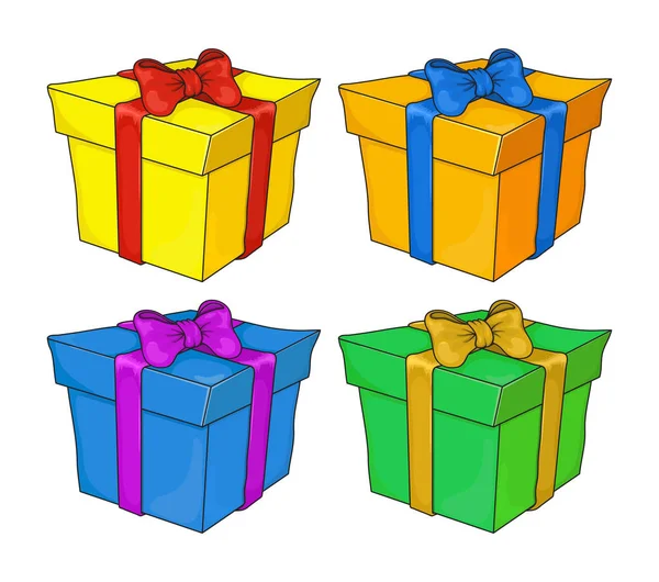 Set de coffrets cadeaux colorés avec rubans et noeuds à la mode iso — Image vectorielle