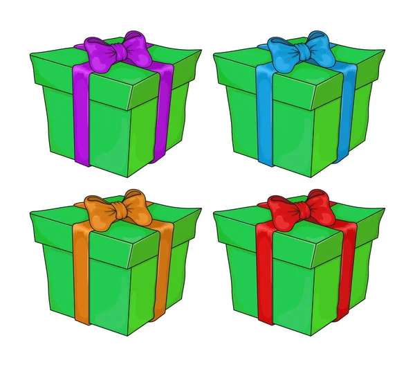 Caja de regalo de Navidad conjunto de elementos de dibujos animados. Verde lindo regalo de Navidad — Vector de stock