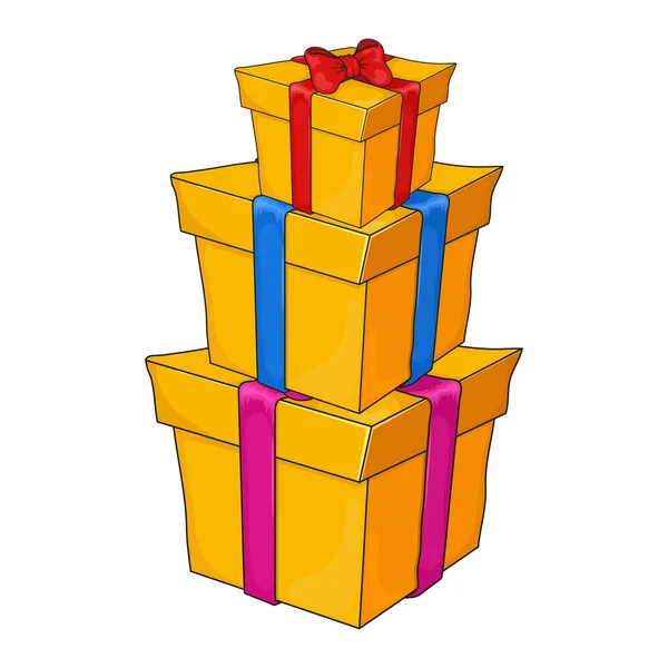 भेटवस्तू बॉक्सचे ढीग. ख्रिसमससाठी गुंडाळलेल्या भेटवस्तूंचा ढीग, जन्म — स्टॉक व्हेक्टर