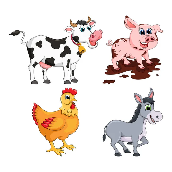 Farm animal set. Cow, pig,  donkey, hen  design isolated on whit — Stock Vector