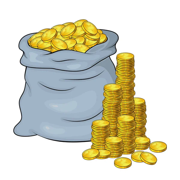 Ανοιχτός σάκος γεμάτος χρυσά νομίσματα και πύργο μετρητών, βουνό. Διάνυσμα — Διανυσματικό Αρχείο