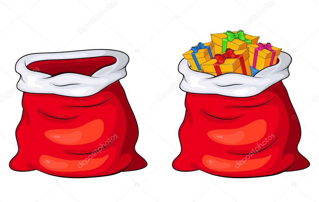 Santa Claus sack, bag empty and full with gifts and presents iso