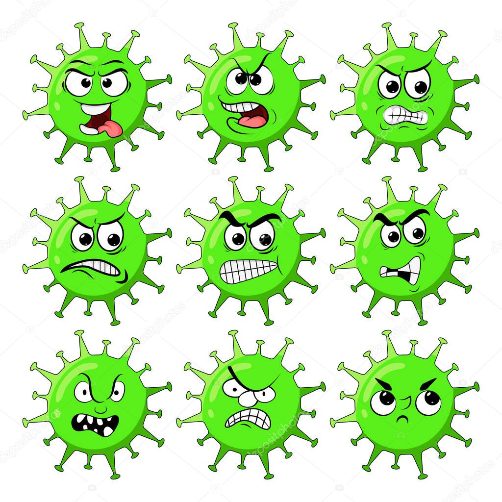 corona virus character with an angry, mad, crazy facial expression. Virus monster. Killer virus. Coronavirus character set isolated on white background