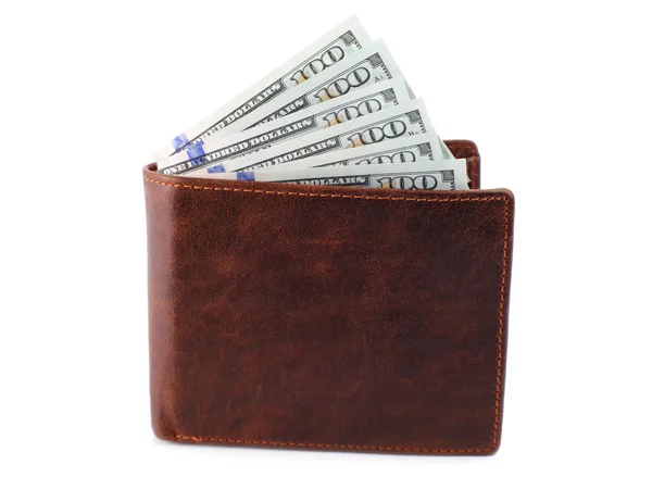 Brown wallet with money isolated on white — Stock Photo, Image