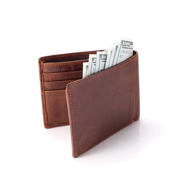 Brown wallet with money isolated on white — Stock Photo, Image