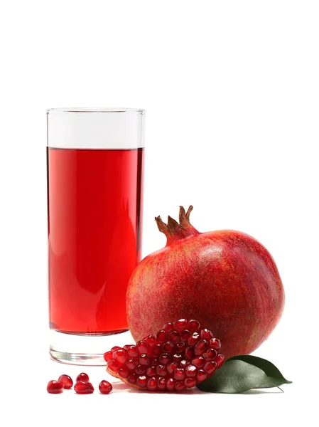 Glass of pomegranate juice and fruit isolated on white — Stock Photo, Image