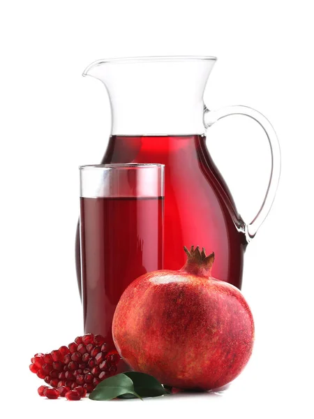 Glass and jar of pomegranate juice with fruit isolated on white — Stock Photo, Image