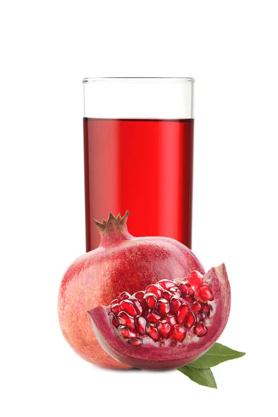 Glass of pomegranate juice and fruit isolated on white — Stock Photo, Image