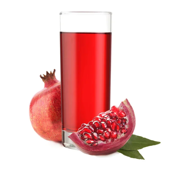 Glass of pomegranate juice and fruit isolated on white — Stock Photo, Image