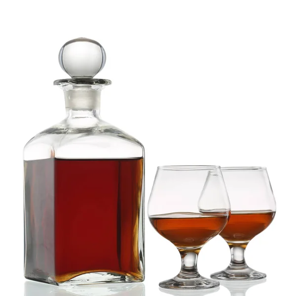 Bottle Whisky Two Glases Isolated White — Stock Photo, Image