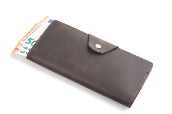 棕色皮夹 有欧元钞票 背景为白色 — 图库照片