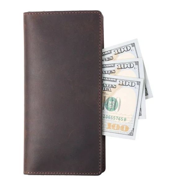 Brown Leather Wallet Dollars Banknotes Isolated White Background — Stock Photo, Image