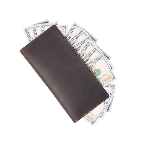 Brown Leather Wallet Dollars Banknotes Isolated White Background — Stock Photo, Image