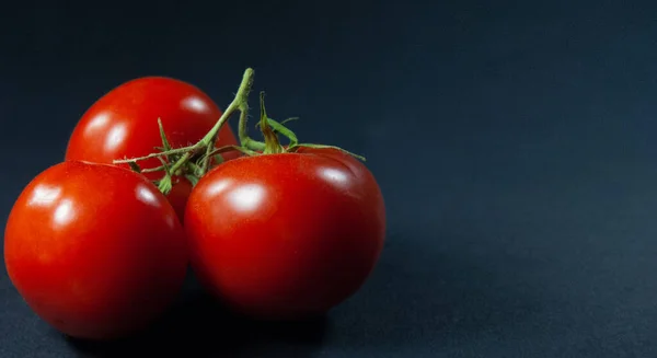 I pomodori freschi rossi su un ramo verde si trovano su uno sfondo nero, lucente, succoso. Il concetto di alimentazione sana . — Foto Stock