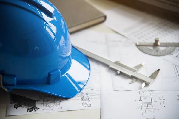 Blue Safety Helmet Vernier Caliper Drawing Engineering Workplace — Stock Photo, Image