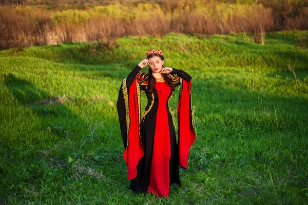 頭に冠をつけた黒と赤の中世のドレスを着た美しく若い女性が畑に立っています 緑の芝生の上を歩く姫の夜 — ストック写真