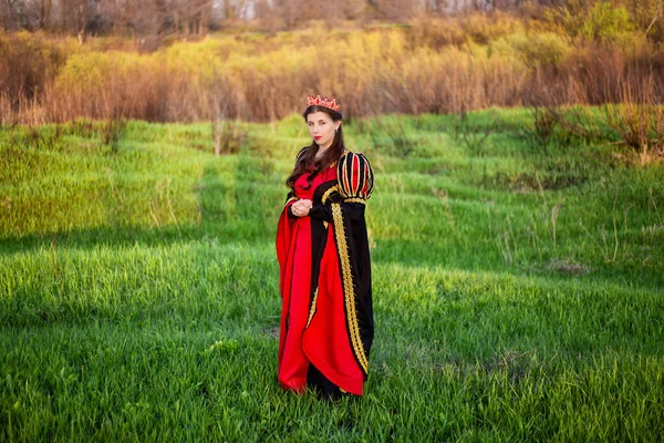 Una Hermosa Mujer Joven Con Vestido Medieval Negro Rojo Con — Foto de Stock