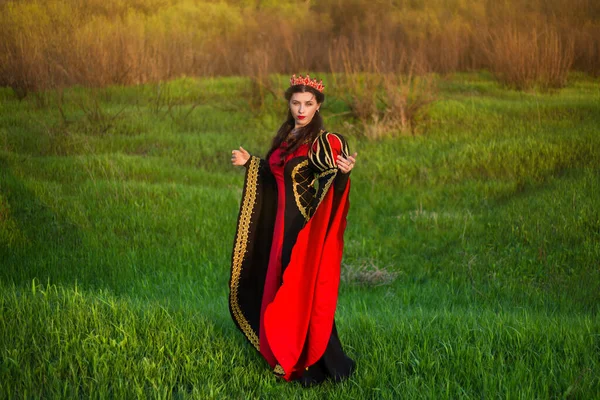 Eine Schöne Junge Frau Einem Schwarz Roten Mittelalterlichen Kleid Mit — Stockfoto