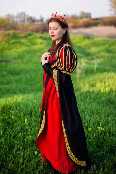 Beautiful Young Woman Black Red Medieval Dress Crown Her Head — Stock Photo, Image