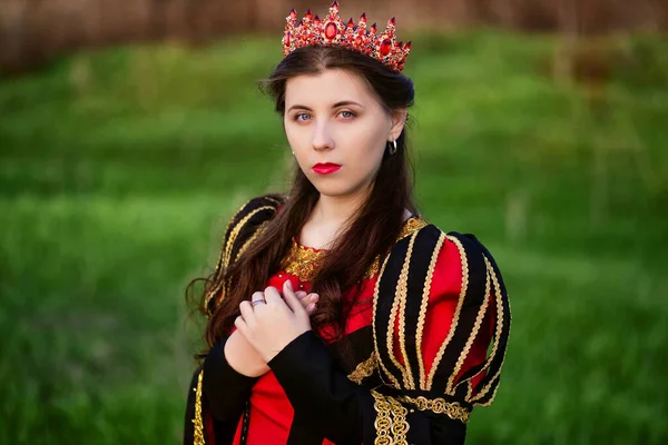 Retrato Uma Bela Jovem Mulher Vestido Medieval Preto Vermelho Com — Fotografia de Stock