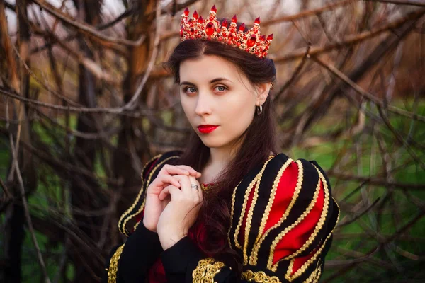 Atraente Menina Vestido Medieval Preto Vermelho Com Uma Coroa Sua — Fotografia de Stock