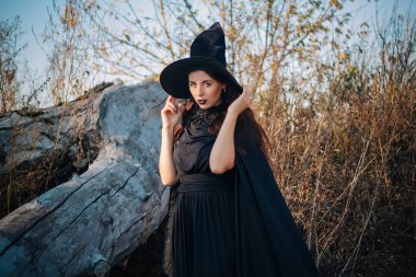 Soluk tenli, siyah dudaklı, siyah şapkalı, elbiseli ve pelerinli genç bir cadı. Sonbaharda, devrilmiş bir ağacın arka planında, sarı, kurumuş çimenler ve mavi gökyüzü. Cadılar bayramı, sihir, fantezi imajı.