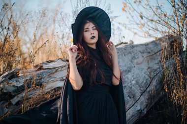 Soluk tenli, siyah dudaklı, siyah şapkalı, elbiseli ve pelerinli genç bir cadı. Sonbaharda, devrilmiş bir ağacın arka planında, sarı, kurumuş çimenler ve mavi gökyüzü. Cadılar bayramı, sihir, fantezi imajı.